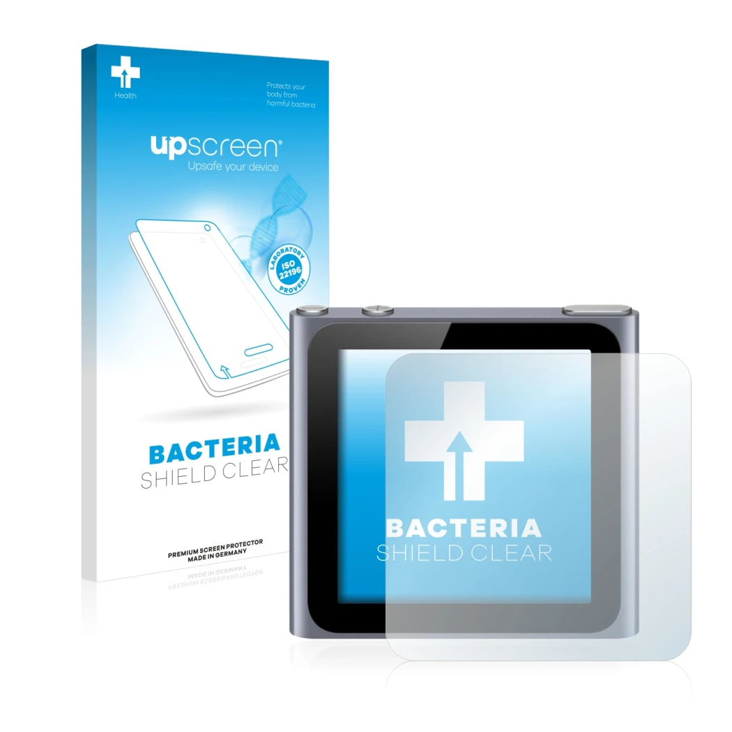 Face avant d’un emballage produit avec le logo de la marque upscreen. À côté, l’appareil Apple iPod nano 2011 (6ème Gen.) est 