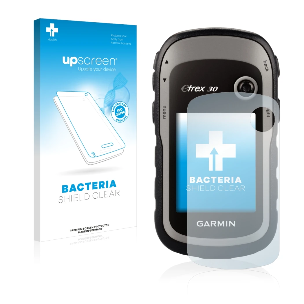 Face avant d’un emballage produit avec le logo de la marque upscreen. À côté, l’appareil Garmin eTrex 30 est représenté avec l