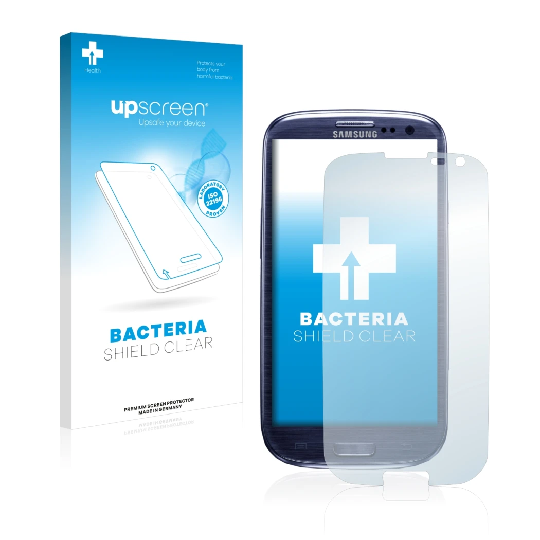 Face avant d’un emballage produit avec le logo de la marque upscreen. À côté, l’appareil Samsung Galaxy S3 I9300 est représent