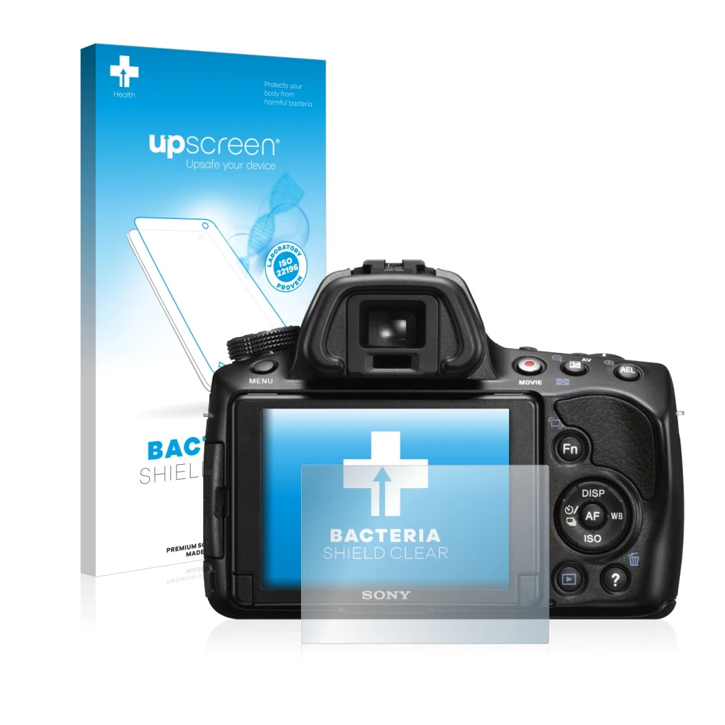 Face avant d’un emballage produit avec le logo de la marque upscreen. À côté, l’appareil Sony Alpha 37 (SLT-A37) est représent