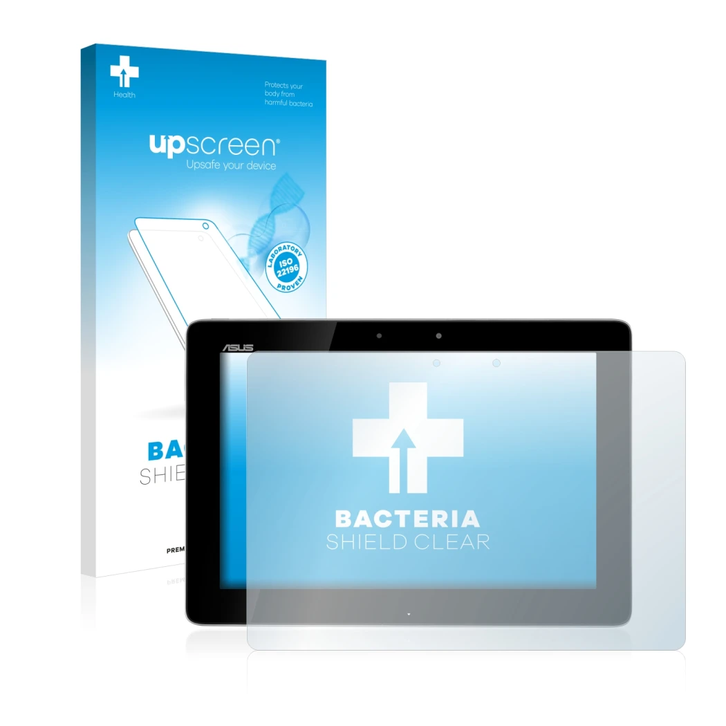 Face avant d’un emballage produit avec le logo de la marque upscreen. À côté, l’appareil ASUS Transformer Pad TF300T est repré