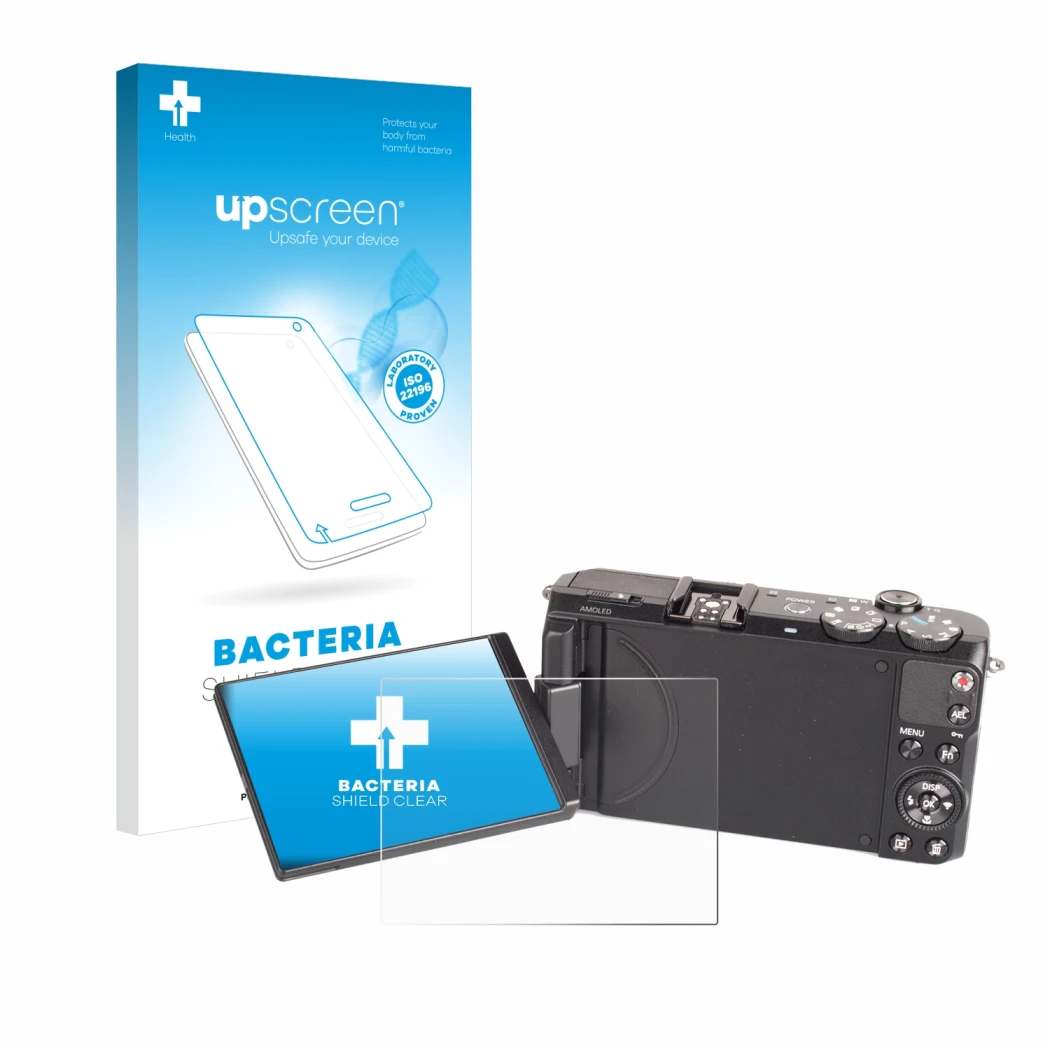 Face avant d’un emballage produit avec le logo de la marque upscreen. À côté, l’appareil Samsung EX2F est représenté avec la p