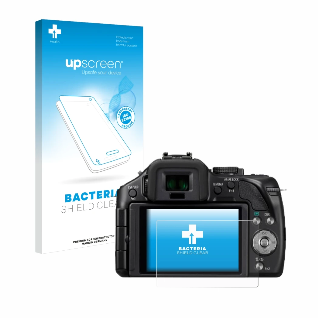 Face avant d’un emballage produit avec le logo de la marque upscreen. À côté, l’appareil Panasonic Lumix DMC-G5 est représenté