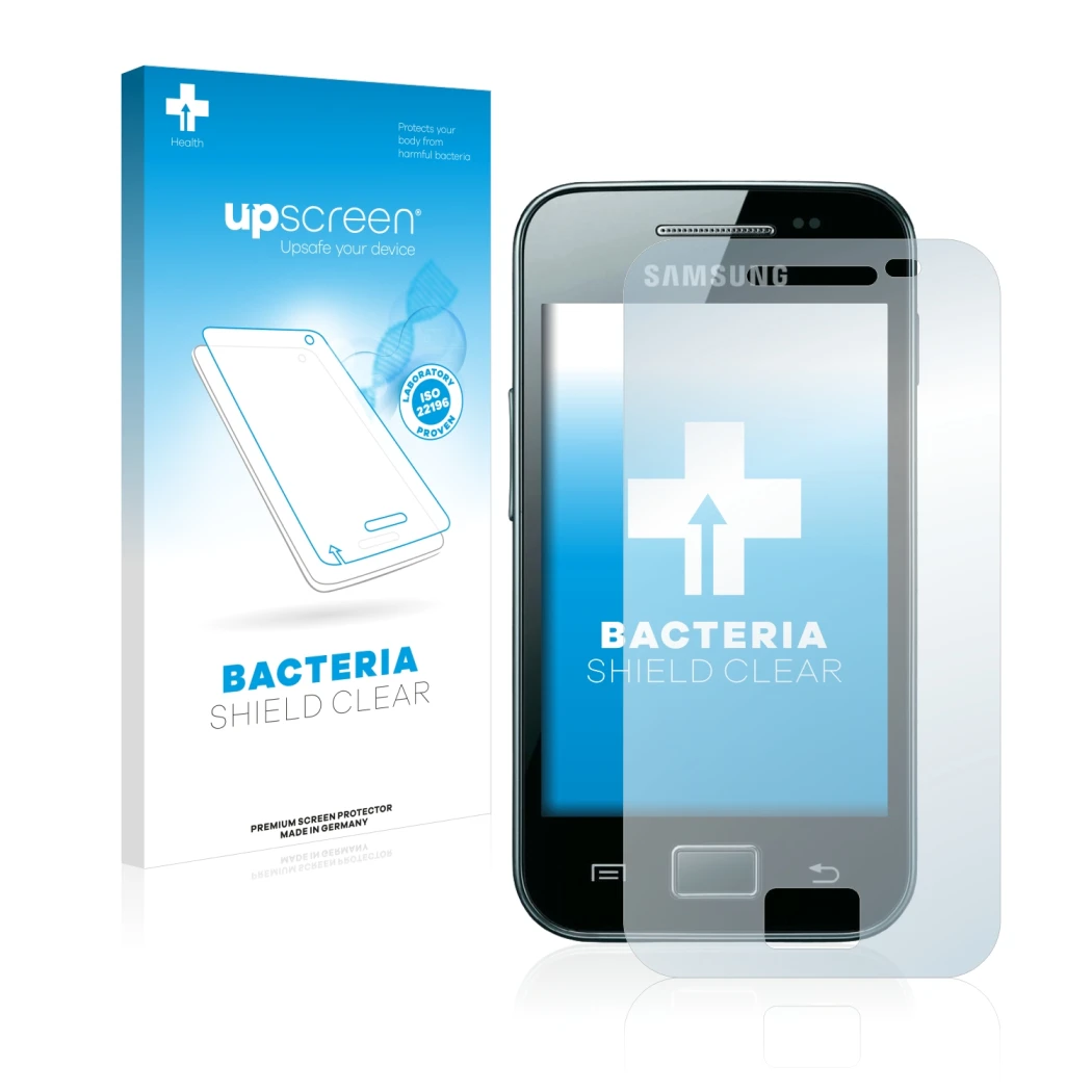 Face avant d’un emballage produit avec le logo de la marque upscreen. À côté, l’appareil Samsung Galaxy Ace S5830i est représe