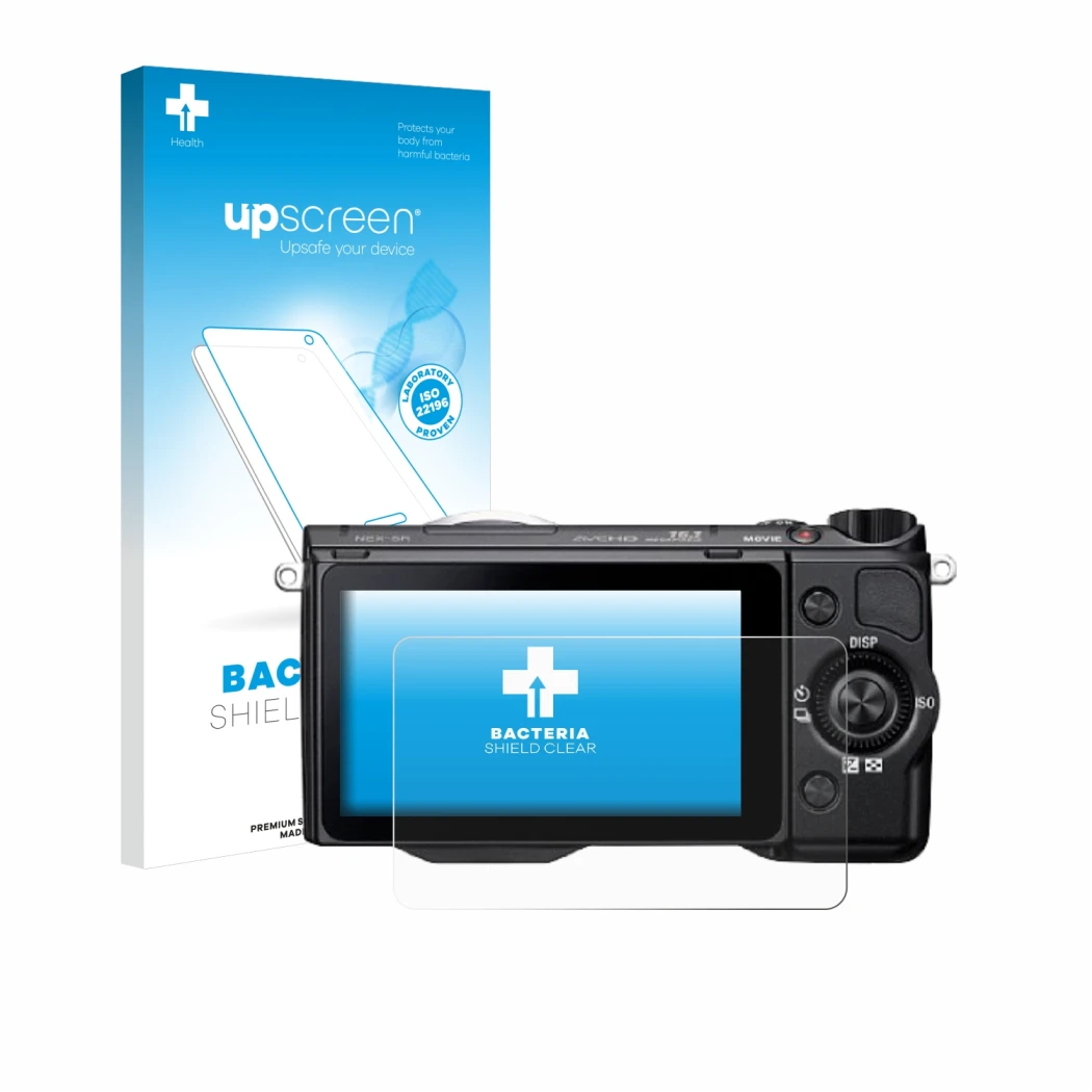 Face avant d’un emballage produit avec le logo de la marque upscreen. À côté, l’appareil Sony Alpha NEX-5R est représenté avec
