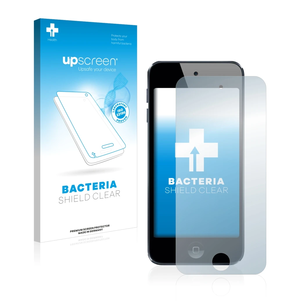 Face avant d’un emballage produit avec le logo de la marque upscreen. À côté, l’appareil Apple iPod Touch (5ème Gen.) est repr