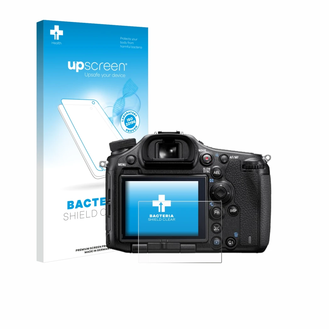 Face avant d’un emballage produit avec le logo de la marque upscreen. À côté, l’appareil Sony Alpha 99 est représenté avec la 