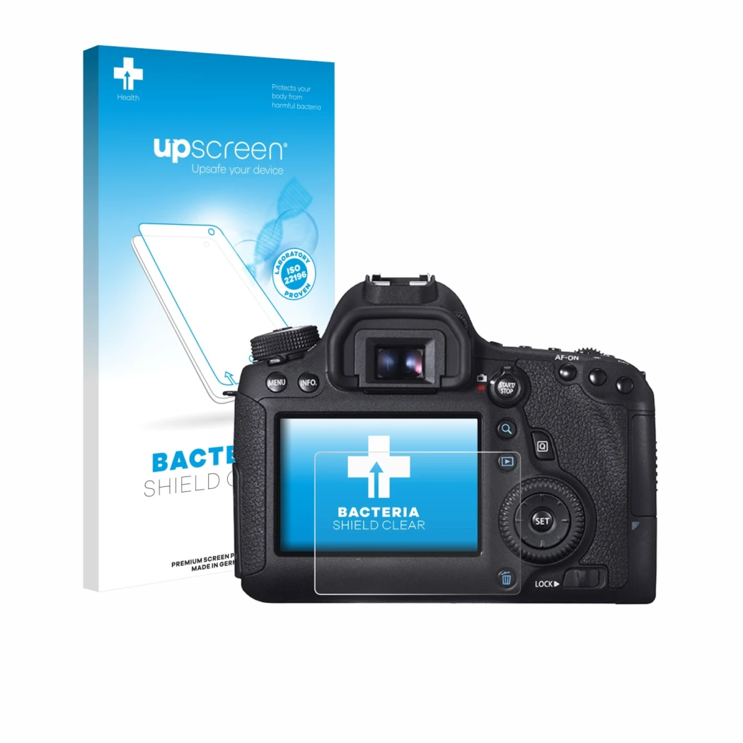 Face avant d’un emballage produit avec le logo de la marque upscreen. À côté, l’appareil Canon EOS 6D est représenté avec la p