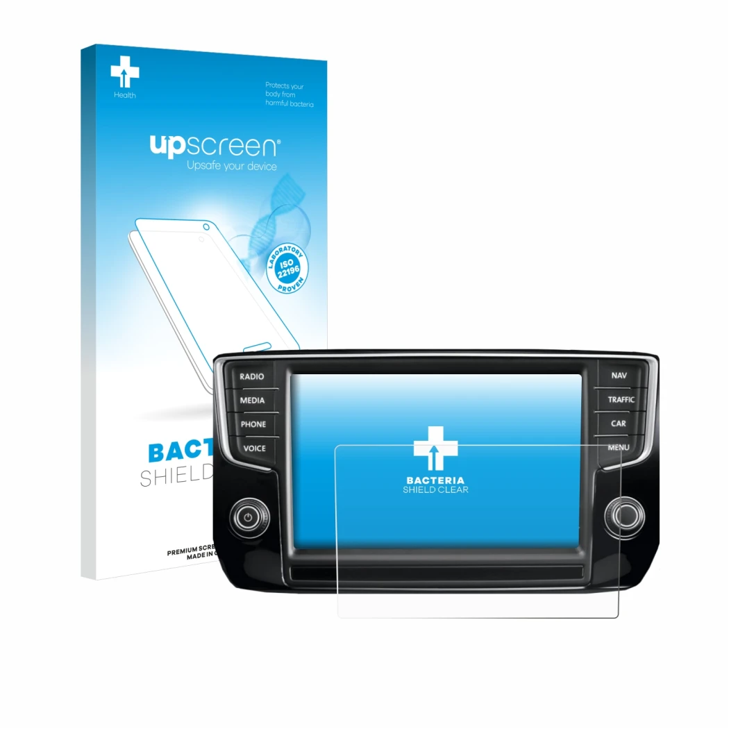 Face avant d’un emballage produit avec le logo de la marque upscreen. À côté, l’appareil Volkswagen Passat 2015 Discover Pro 8