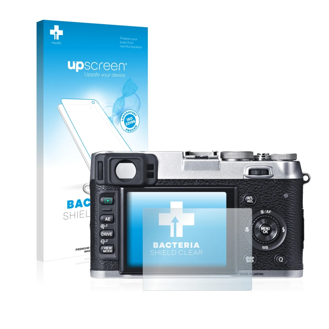 Face avant d’un emballage produit avec le logo de la marque upscreen. À côté, l’appareil Fujifilm X100S est représenté avec la