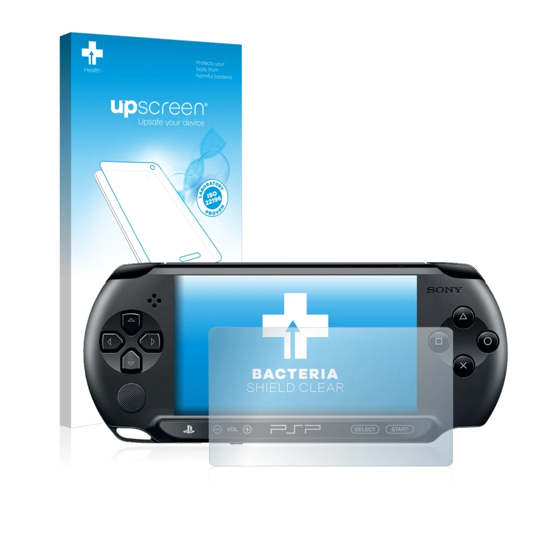 Face avant d’un emballage produit avec le logo de la marque upscreen. À côté, l’appareil Sony PSP 1004 est représenté avec la 