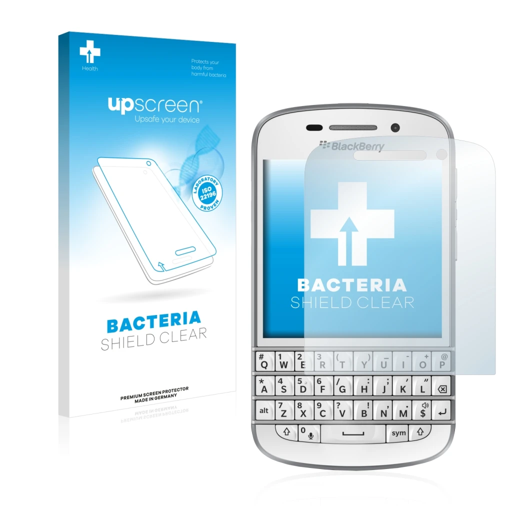 Face avant d’un emballage produit avec le logo de la marque upscreen. À côté, l’appareil BlackBerry Q10 est représenté avec la