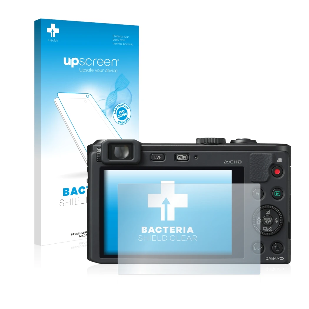 Face avant d’un emballage produit avec le logo de la marque upscreen. À côté, l’appareil Panasonic Lumix DMC-LF1 est représent