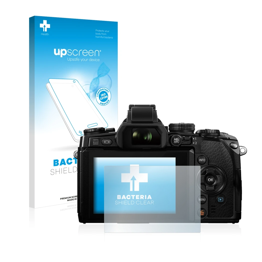 Face avant d’un emballage produit avec le logo de la marque upscreen. À côté, l’appareil Olympus OM-D E-M1 est représenté avec