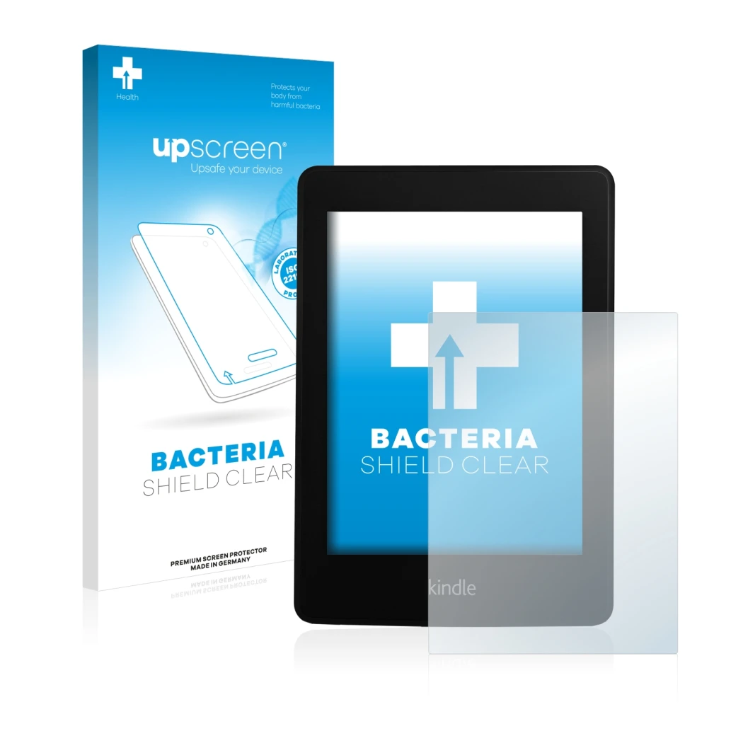 Face avant d’un emballage produit avec le logo de la marque upscreen. À côté, l’appareil Amazon Kindle Paperwhite 2013 est rep