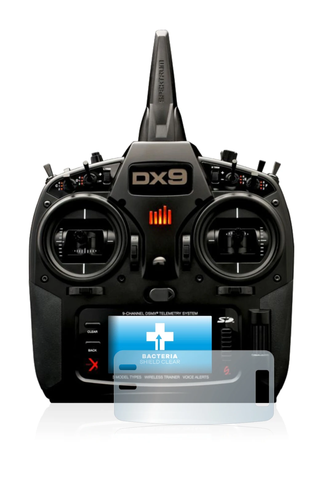 Image de l'appareil Spektrum DX9 avec une grande variété de protections d'écran.