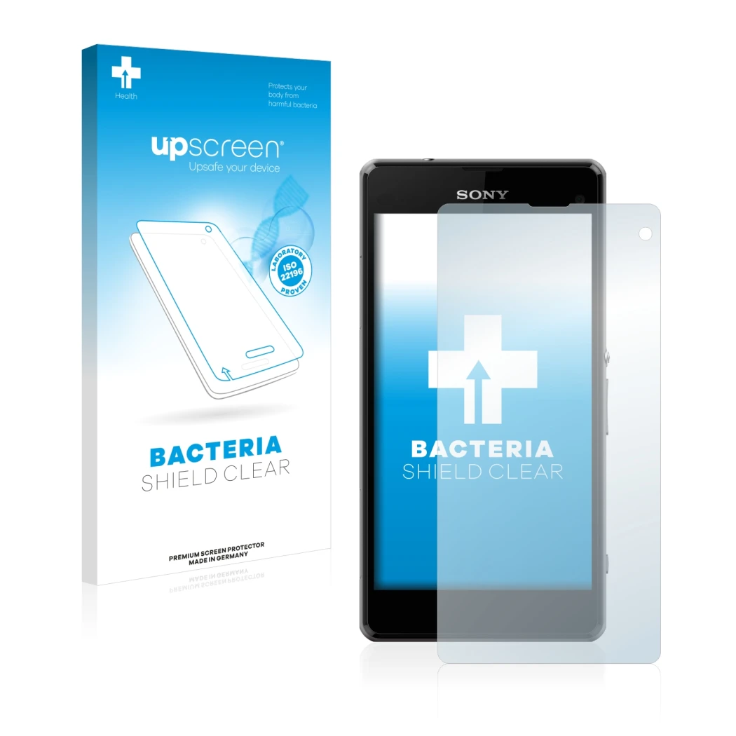 Face avant d’un emballage produit avec le logo de la marque upscreen. À côté, l’appareil Sony Xperia Z1 Compact D5503 est repr