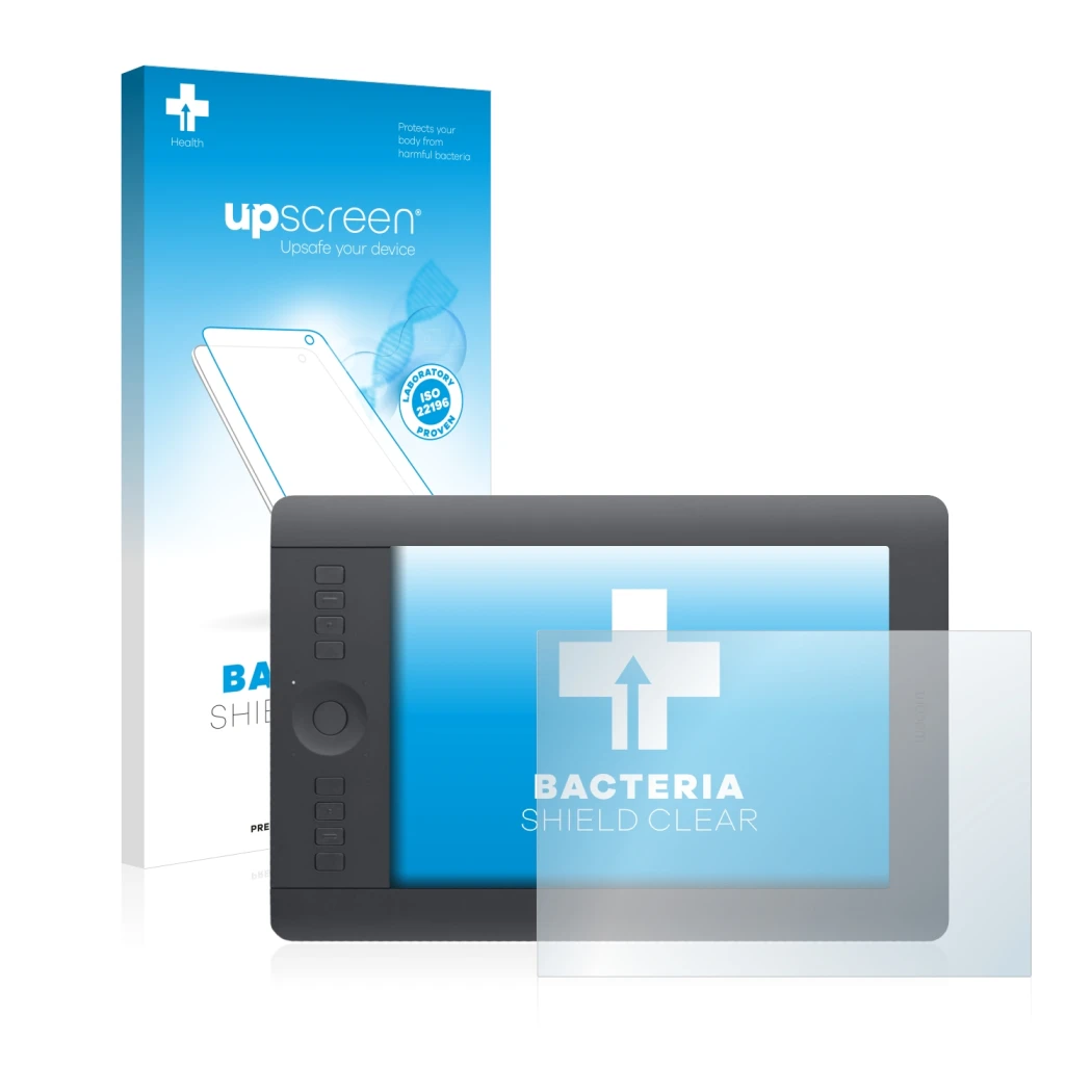 Face avant d’un emballage produit avec le logo de la marque upscreen. À côté, l’appareil Wacom Intuos Pro S est représenté ave