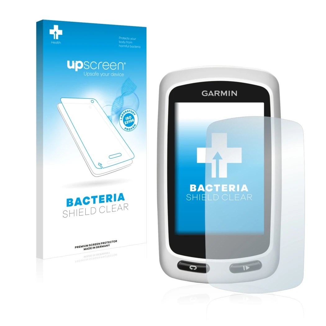 Face avant d’un emballage produit avec le logo de la marque upscreen. À côté, l’appareil Garmin Edge Touring Plus est représen