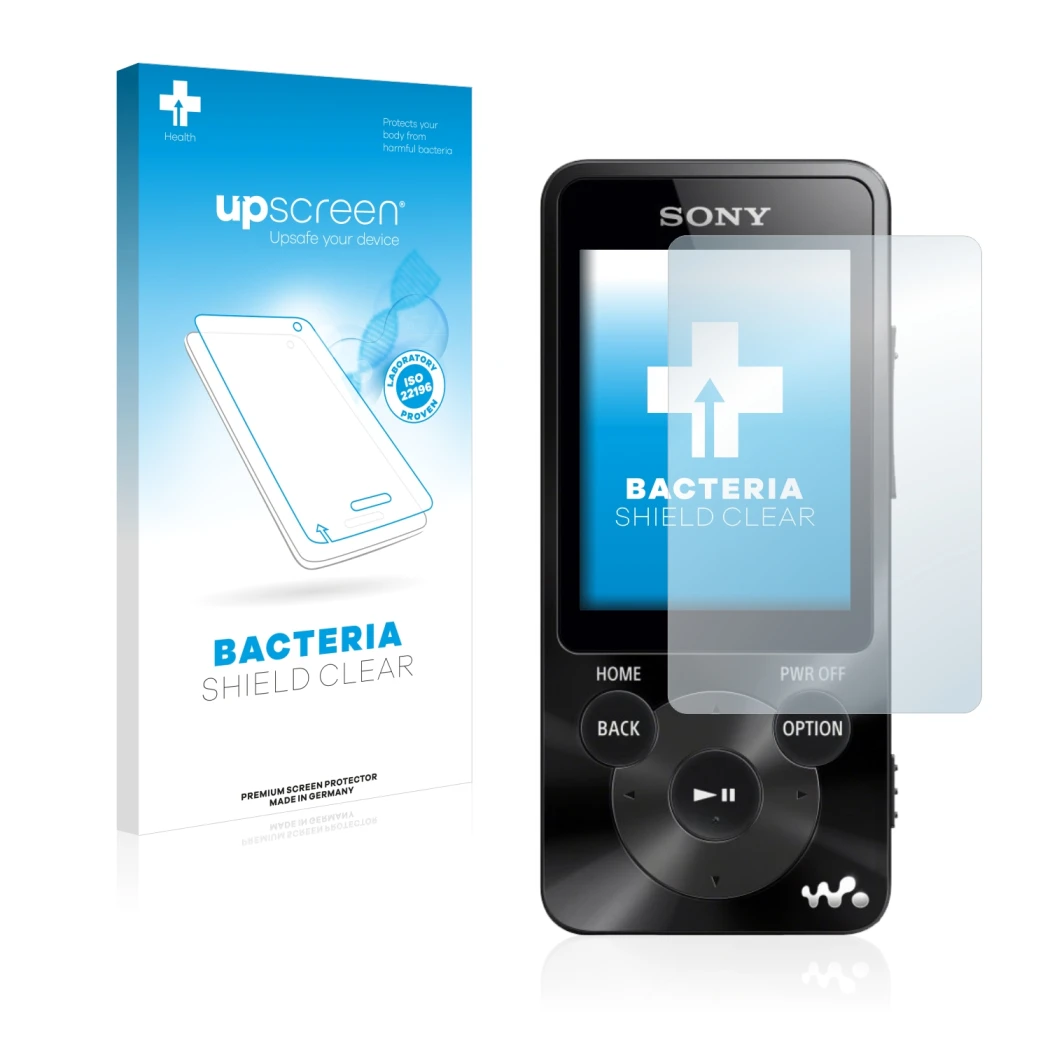Face avant d’un emballage produit avec le logo de la marque upscreen. À côté, l’appareil Sony Walkman NWZ-E585 est représenté
