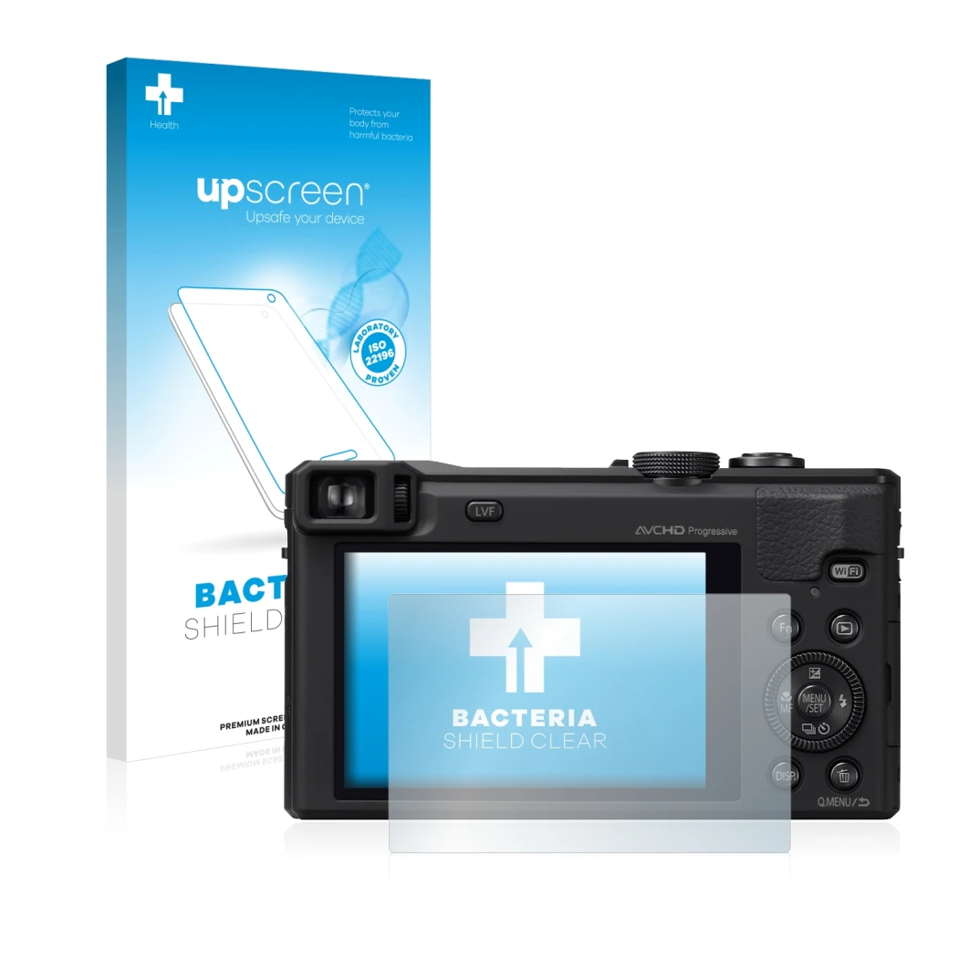 Face avant d’un emballage produit avec le logo de la marque upscreen. À côté, l’appareil Panasonic Lumix DMC-TZ61 est représen
