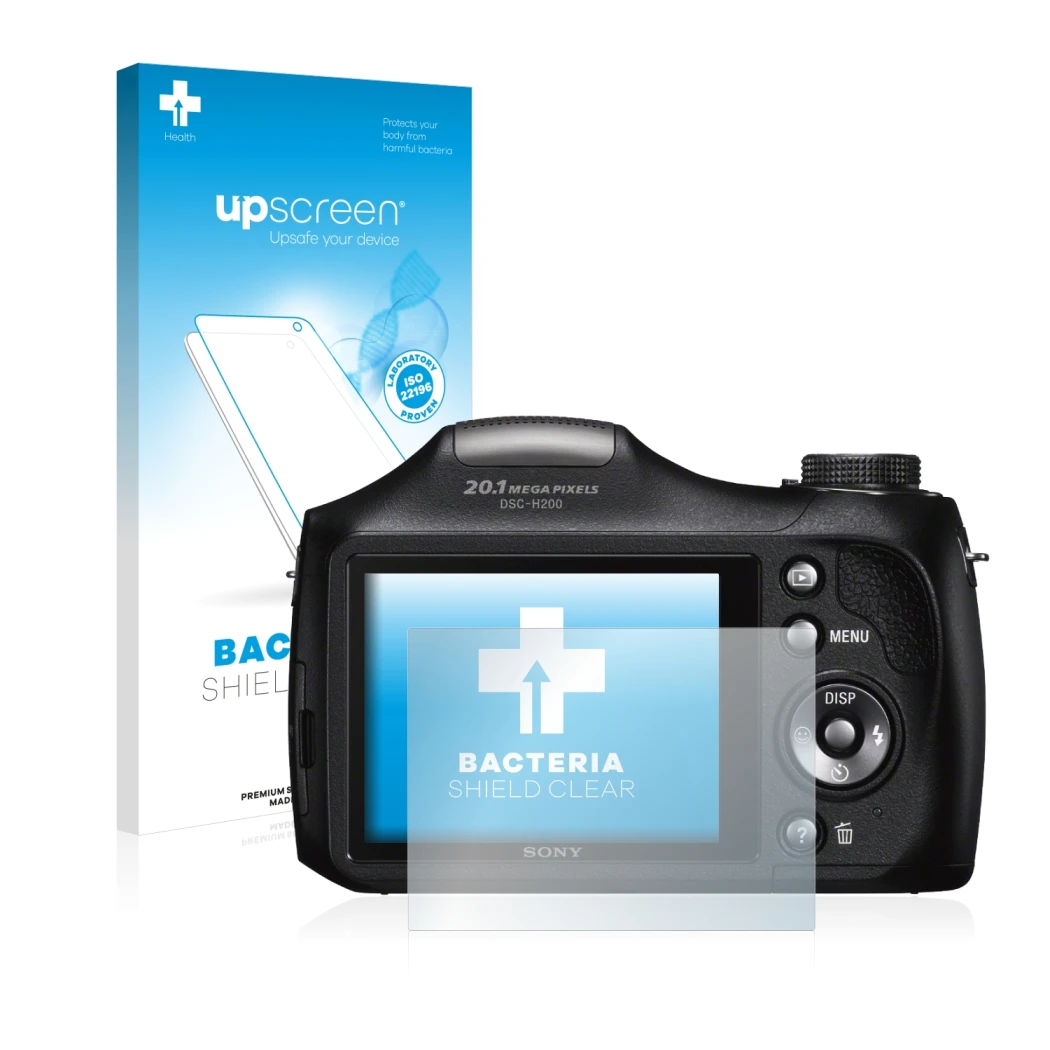 Face avant d’un emballage produit avec le logo de la marque upscreen. À côté, l’appareil Sony Cyber-Shot DSC-H300 est représen