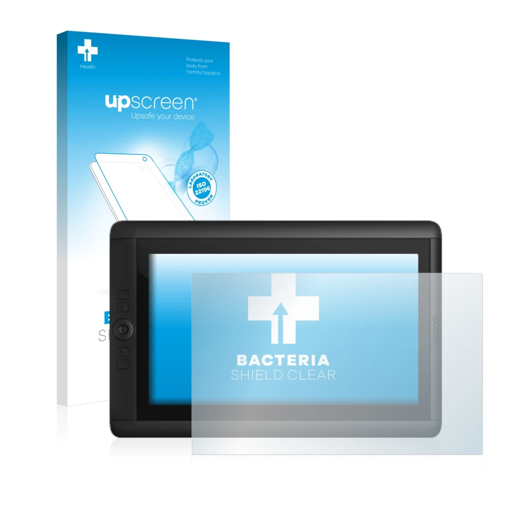Face avant d’un emballage produit avec le logo de la marque upscreen. À côté, l’appareil Wacom Cintiq 13 HD est représenté ave
