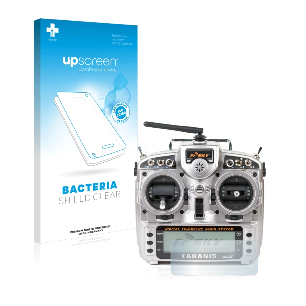 Face avant d’un emballage produit avec le logo de la marque upscreen. À côté, l’appareil FrSky Taranis X9D est représenté avec