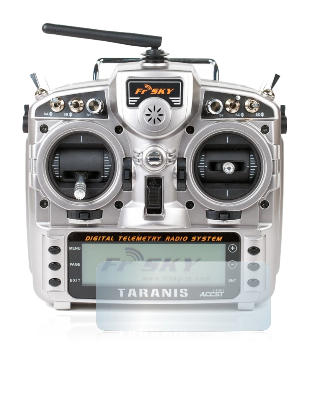 Image de l'appareil FrSky Taranis X9D avec une grande variété de protections d'écran.