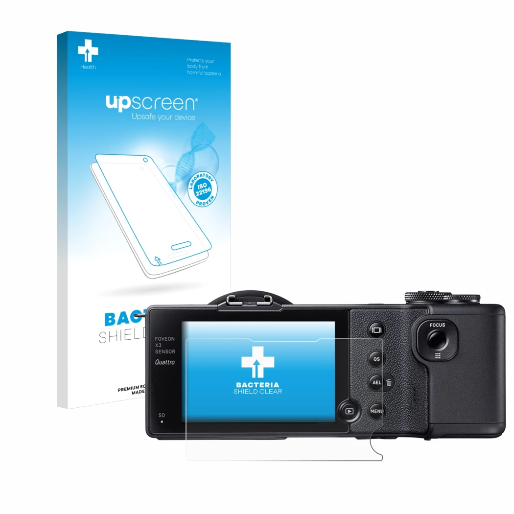 Face avant d’un emballage produit avec le logo de la marque upscreen. À côté, l’appareil Sigma dp2 Quattro est représenté avec