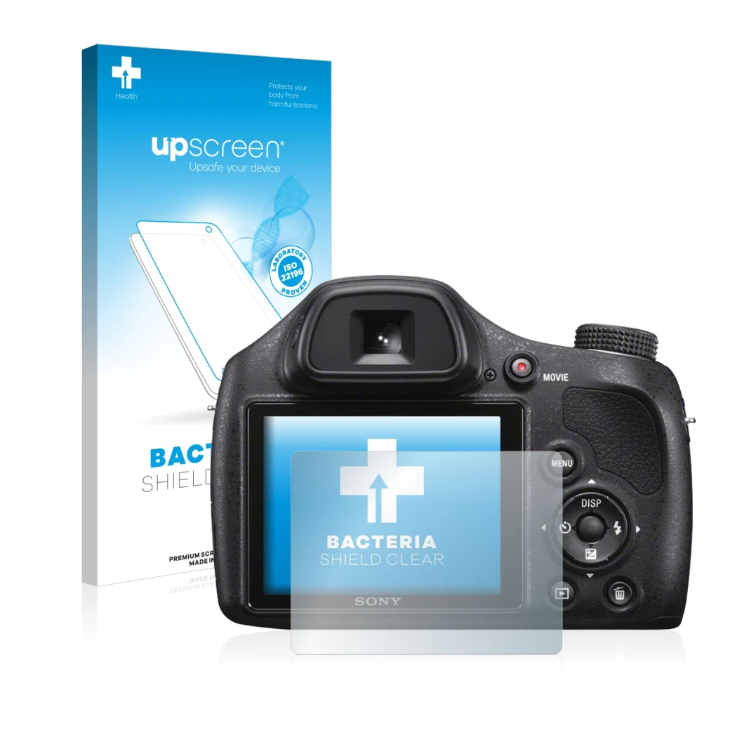 Face avant d’un emballage produit avec le logo de la marque upscreen. À côté, l’appareil Sony Cyber-Shot DSC-H400 est représen