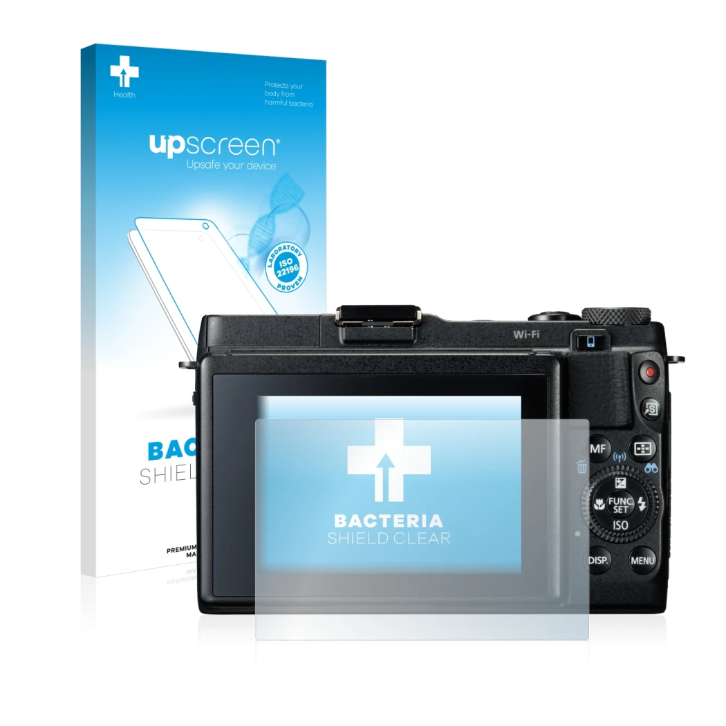 Face avant d’un emballage produit avec le logo de la marque upscreen. À côté, l’appareil Canon PowerShot G1 X Mark II est repr