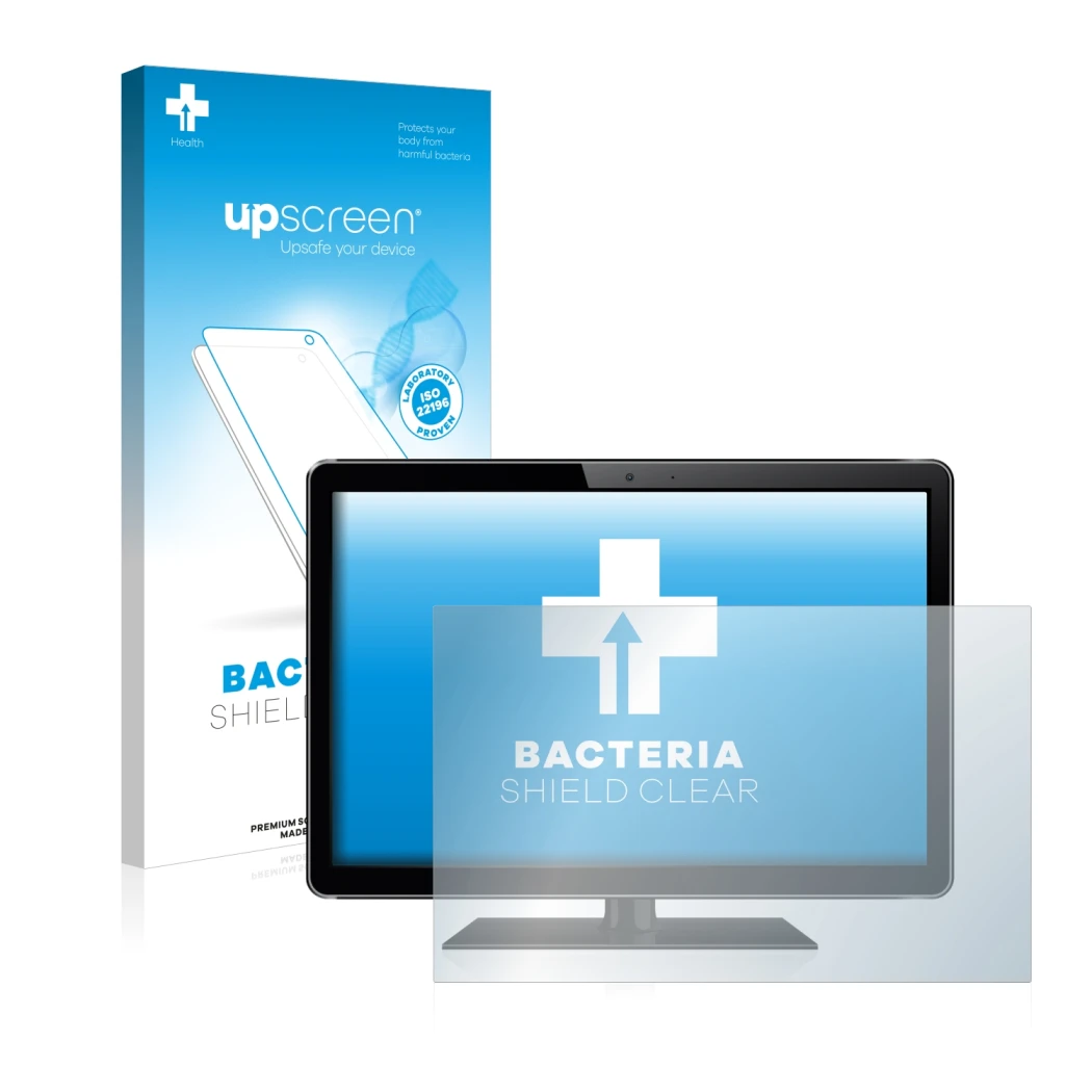 Face avant d’un emballage produit avec le logo de la marque upscreen. À côté, l’appareil est représenté avec la protection d’é