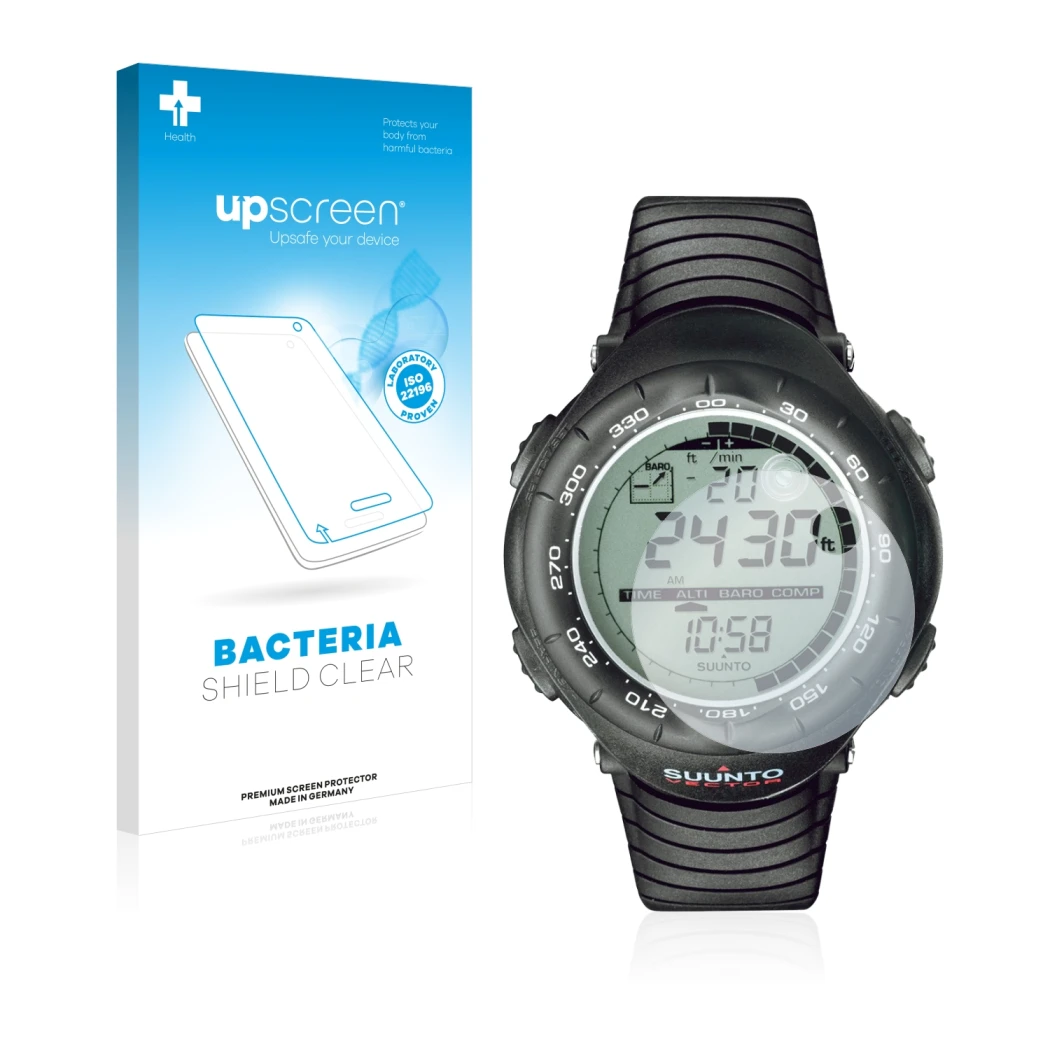Face avant d’un emballage produit avec le logo de la marque upscreen. À côté, l’appareil Suunto Vector Black est représenté av