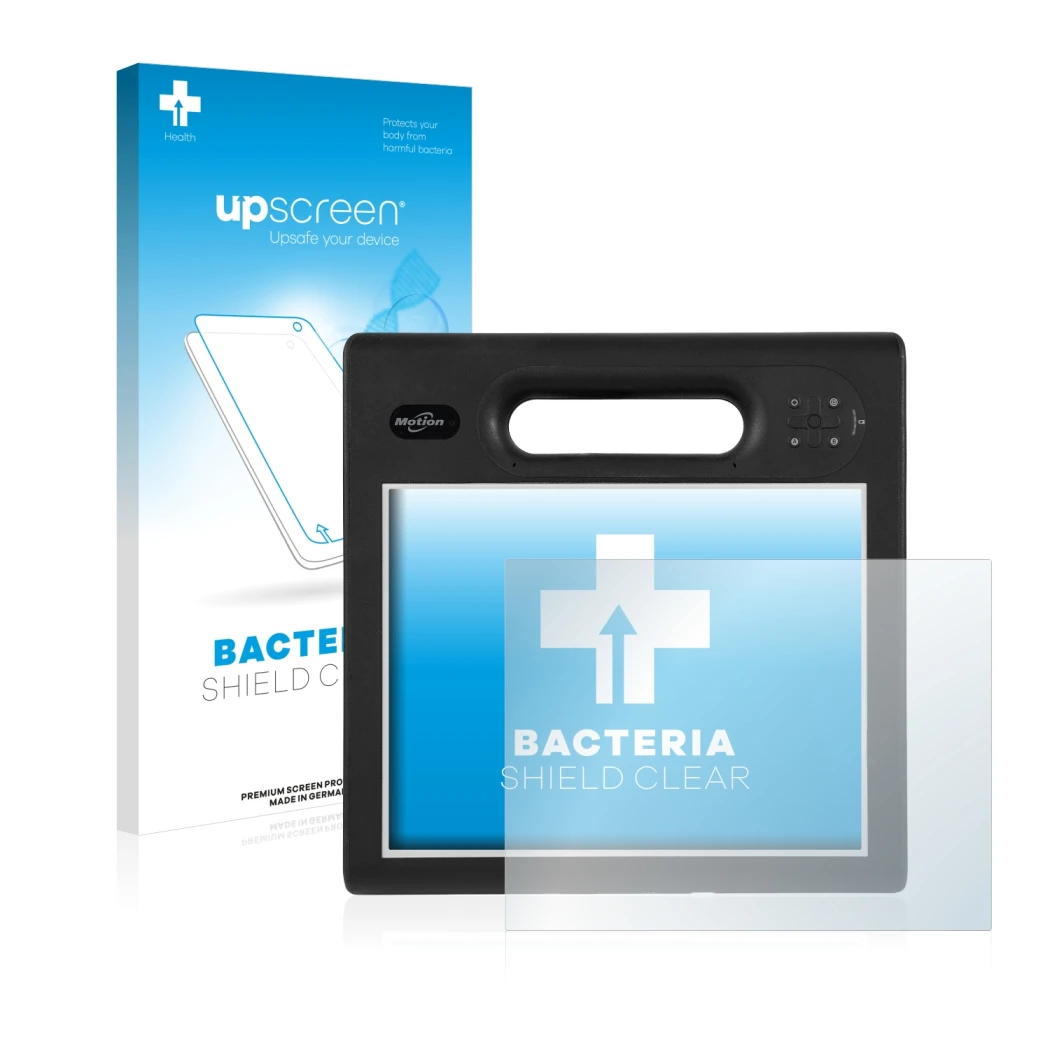 Face avant d’un emballage produit avec le logo de la marque upscreen. À côté, l’appareil Motion Computing F5t est représenté a
