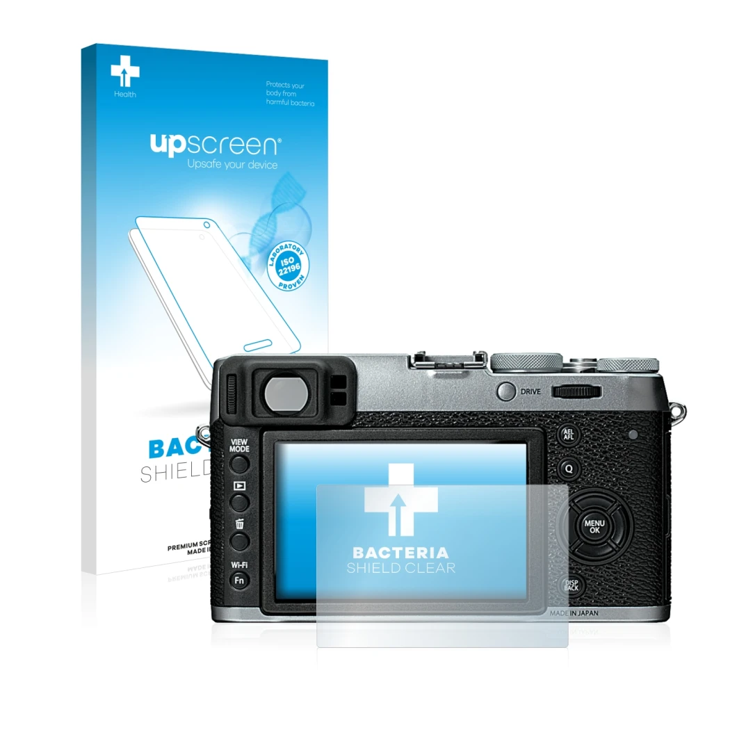 Face avant d’un emballage produit avec le logo de la marque upscreen. À côté, l’appareil Fujifilm X100T est représenté avec la