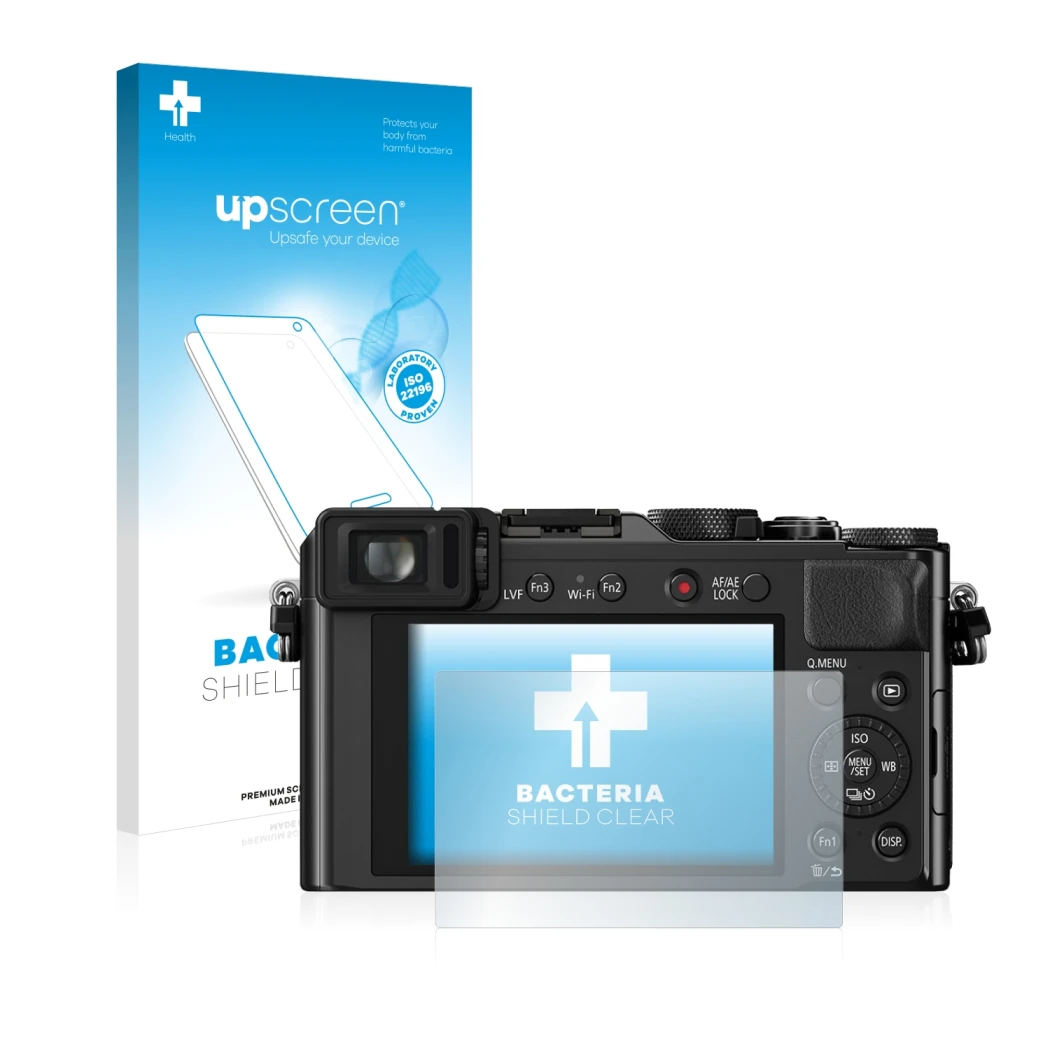 Face avant d’un emballage produit avec le logo de la marque upscreen. À côté, l’appareil Panasonic Lumix DMC-LX100 est représe