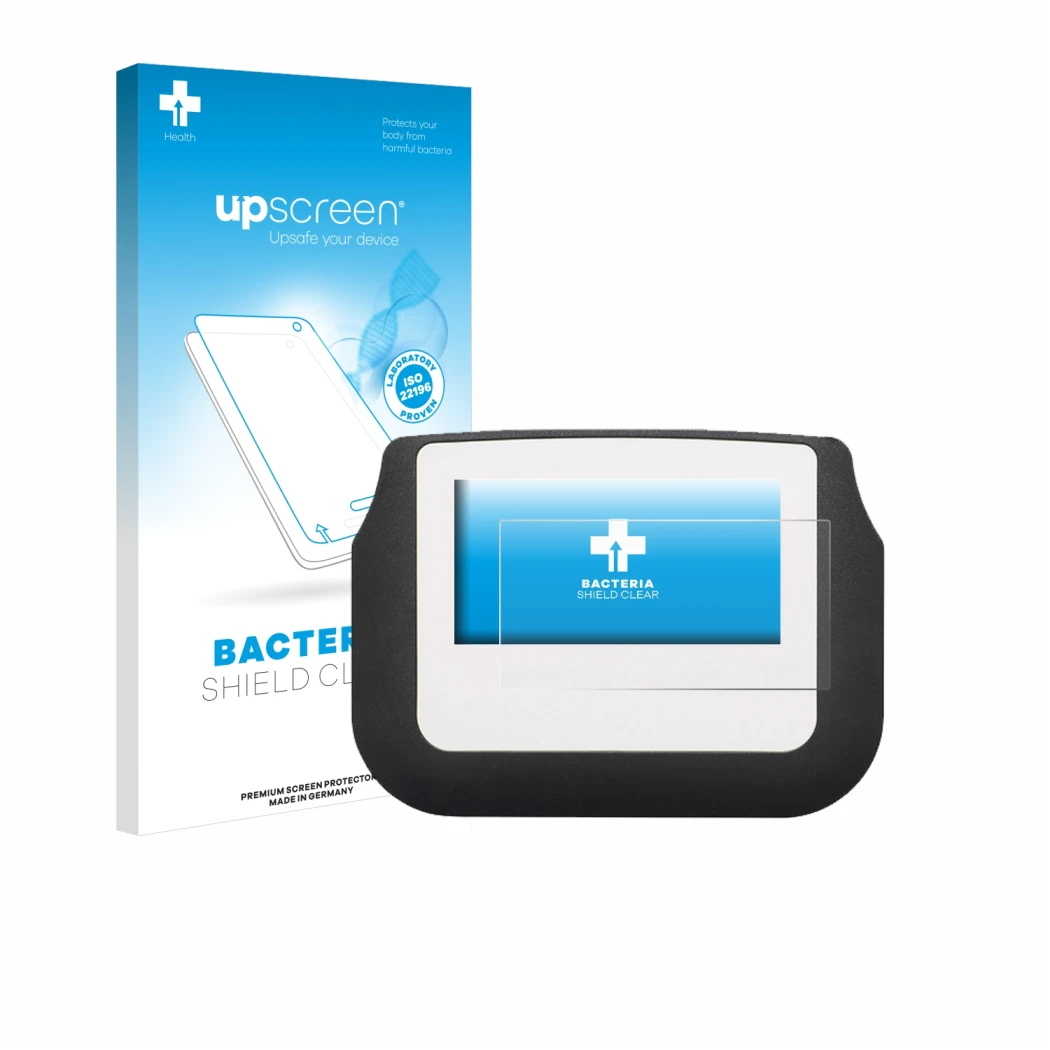 Face avant d’un emballage produit avec le logo de la marque upscreen. À côté, l’appareil Signotec Signature Pad Sigma est repr