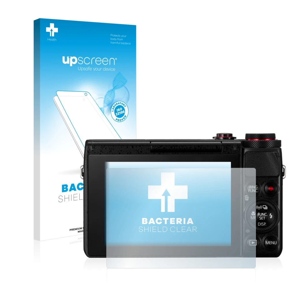 Face avant d’un emballage produit avec le logo de la marque upscreen. À côté, l’appareil Canon PowerShot G7 X G7X est représen