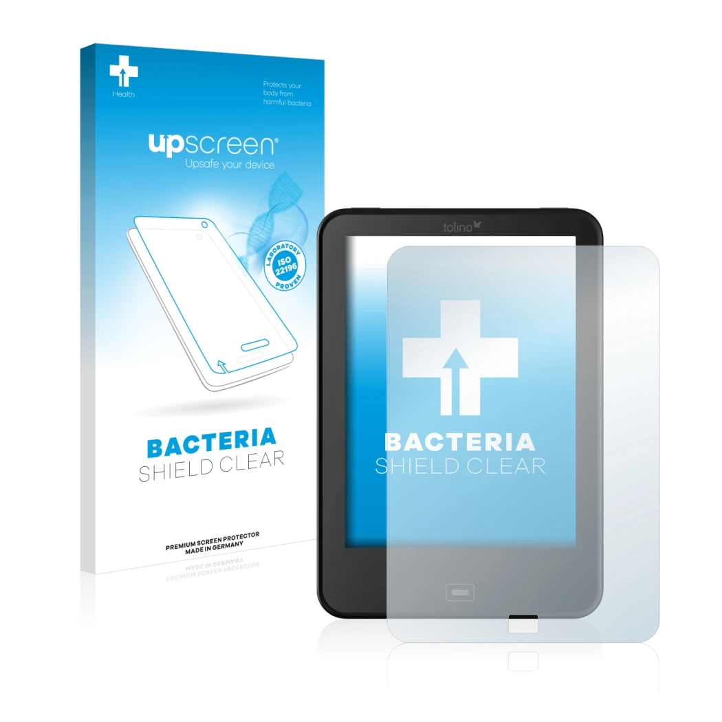 Face avant d’un emballage produit avec le logo de la marque upscreen. À côté, l’appareil Tolino Vision 2 est représenté avec l
