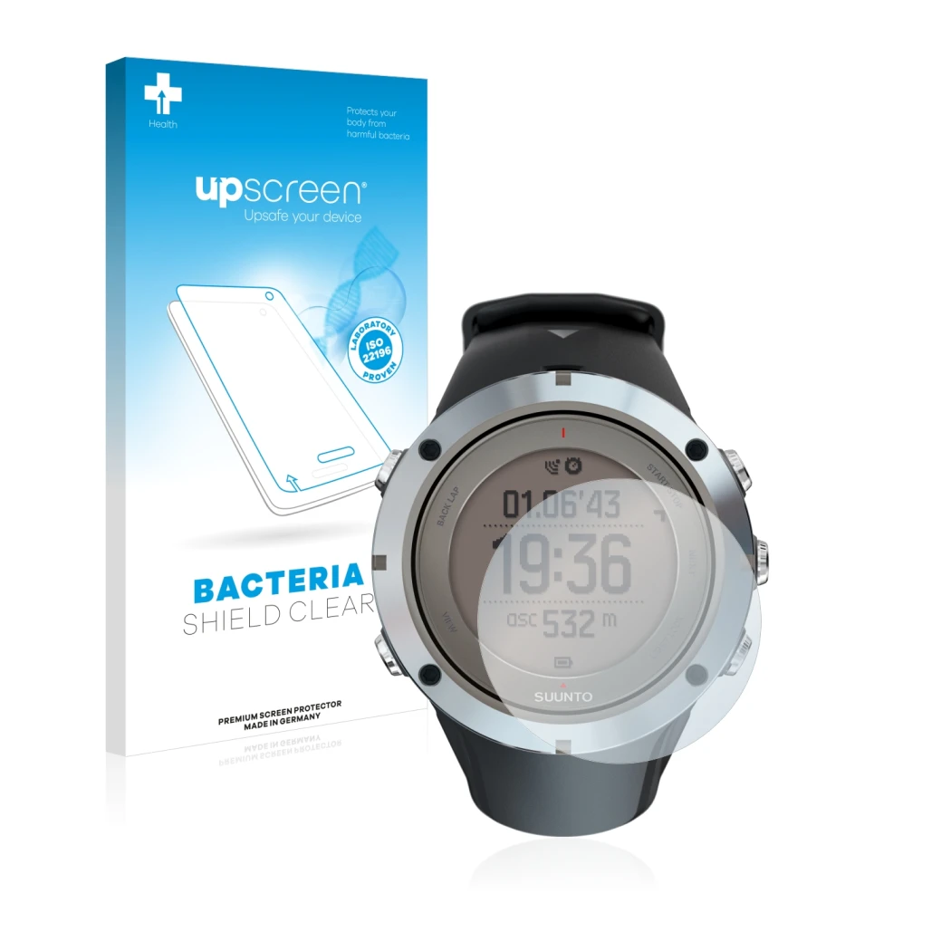 Face avant d’un emballage produit avec le logo de la marque upscreen. À côté, l’appareil Suunto Ambit3 Peak Sapphire est repré