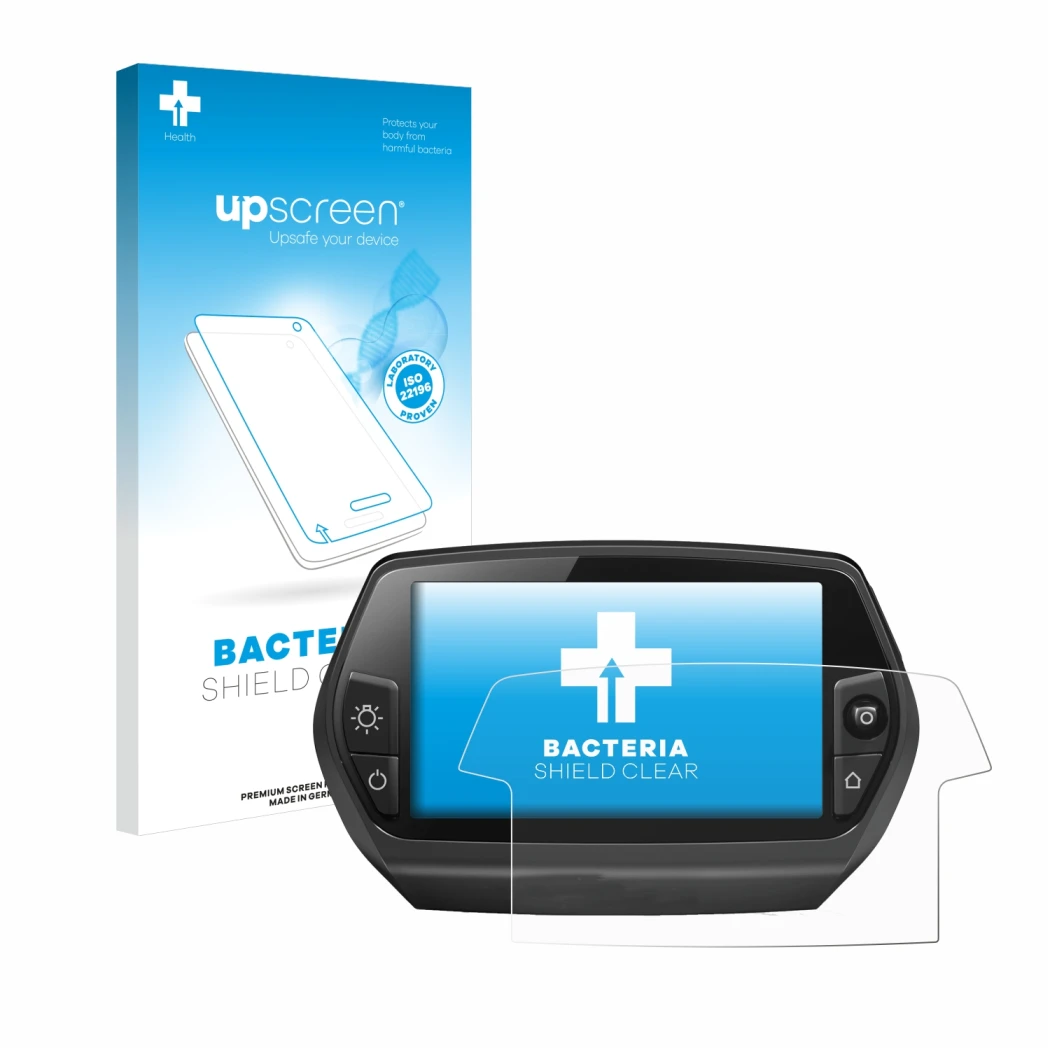 Face avant d’un emballage produit avec le logo de la marque upscreen. À côté, l’appareil Bosch Nyon 2014 est représenté avec l