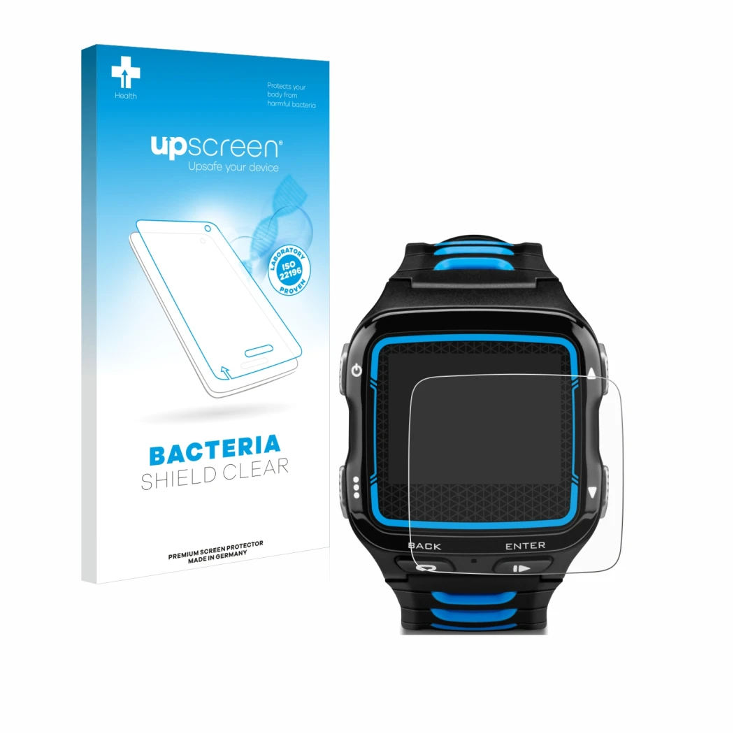 Face avant d’un emballage produit avec le logo de la marque upscreen. À côté, l’appareil Garmin Forerunner 920XT est représent