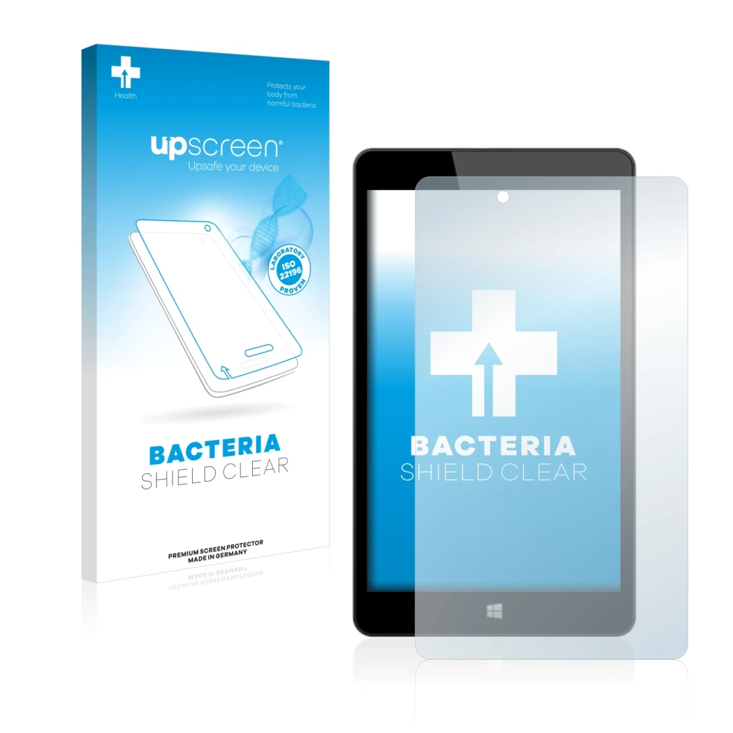 Face avant d’un emballage produit avec le logo de la marque upscreen. À côté, l’appareil Linx 8 est représenté avec la protect