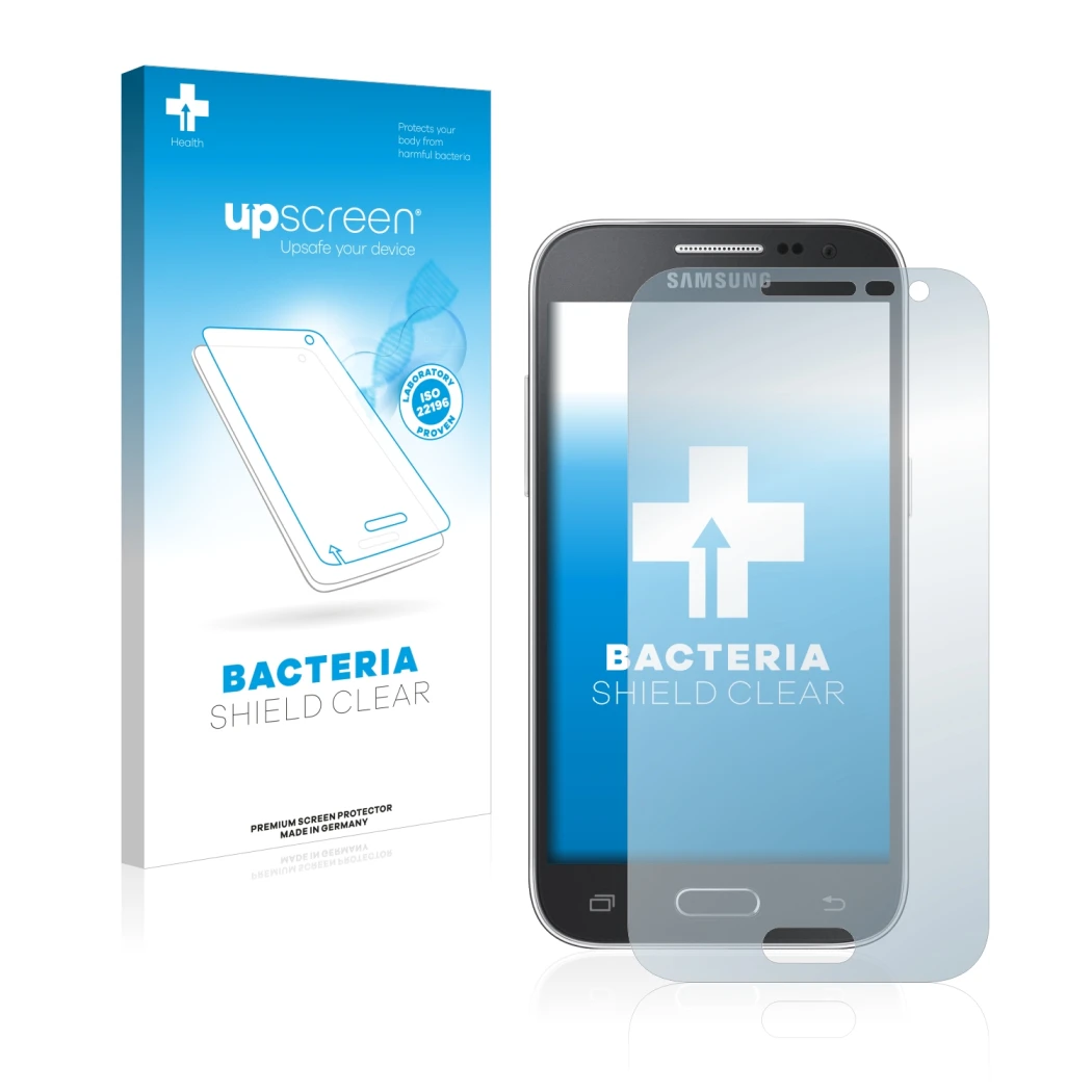 Face avant d’un emballage produit avec le logo de la marque upscreen. À côté, l’appareil Samsung Galaxy Core Prime G360 est re