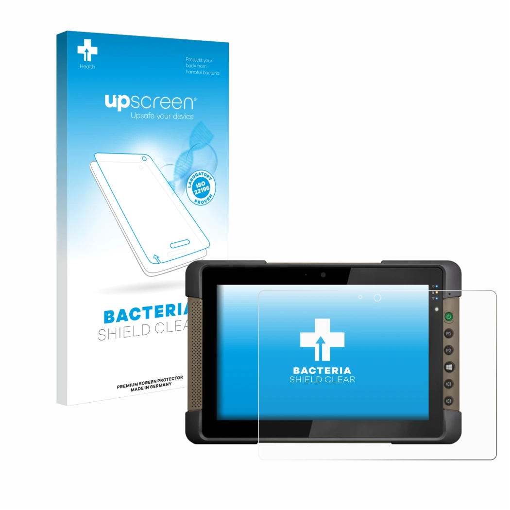 Face avant d’un emballage produit avec le logo de la marque upscreen. À côté, l’appareil Getac T800 est représenté avec la pro