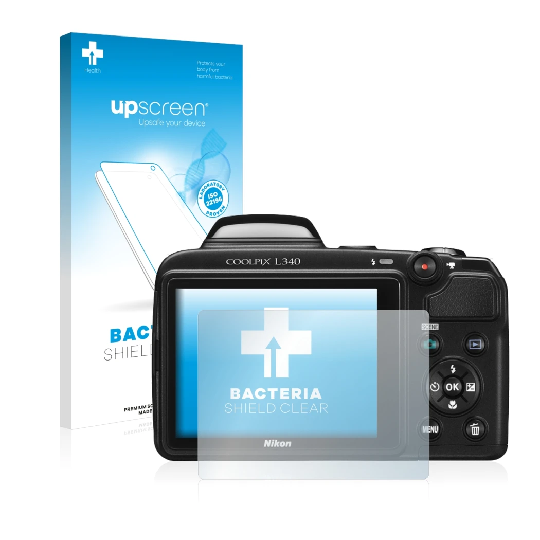 Face avant d’un emballage produit avec le logo de la marque upscreen. À côté, l’appareil Nikon Coolpix L340 est représenté ave
