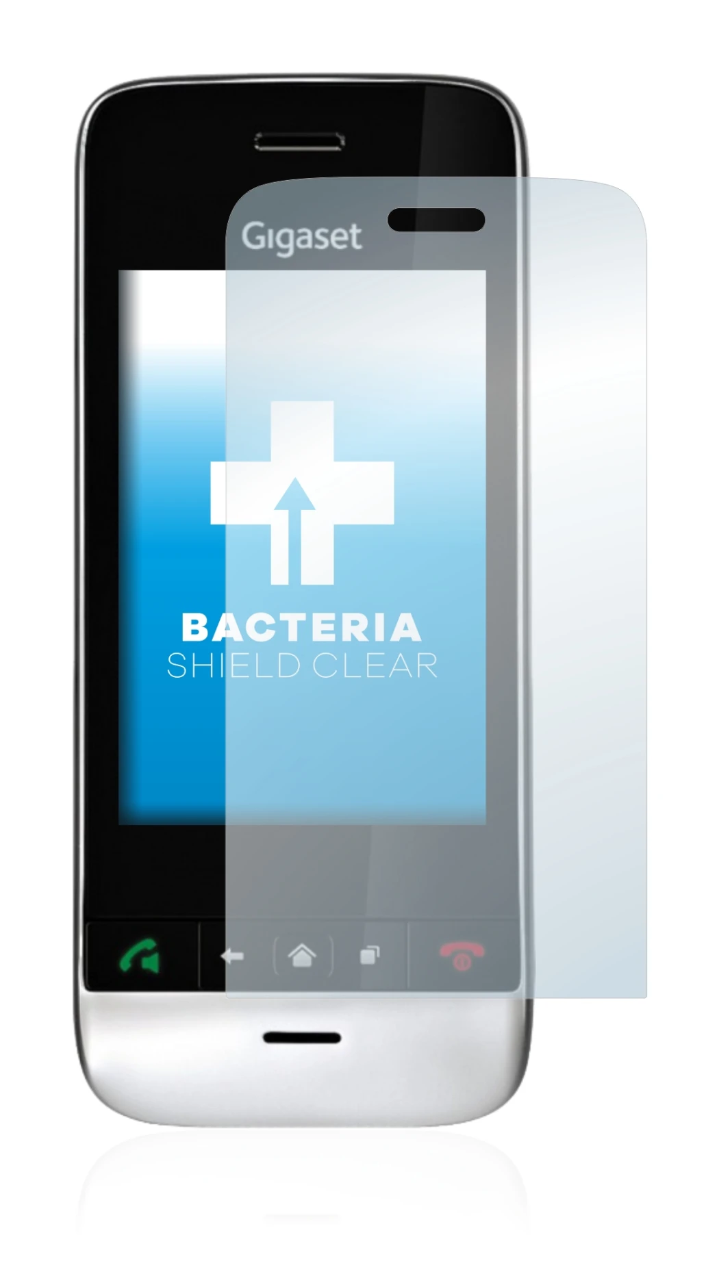 Image de l'appareil Gigaset SL910 (découpe allongée) avec une grande variété de protections d'écran.