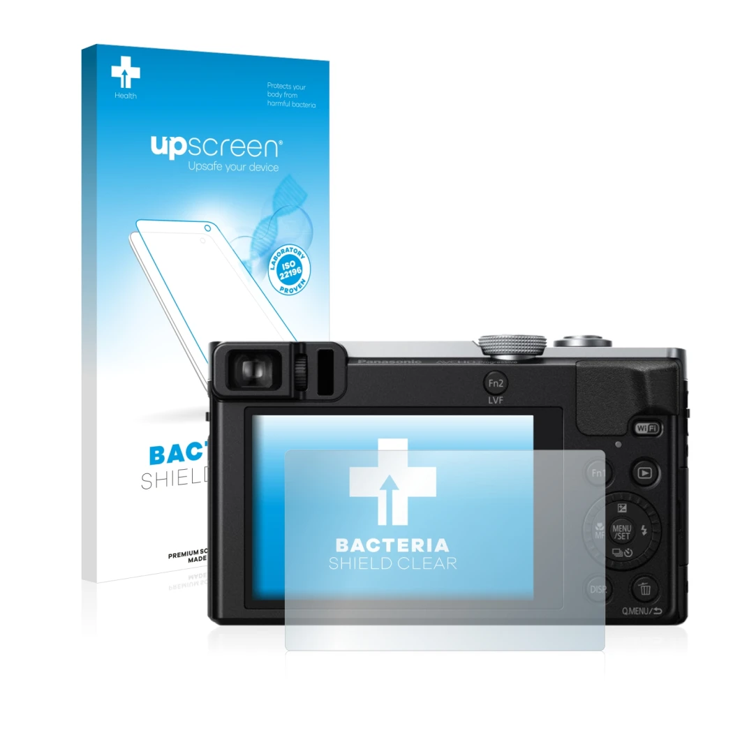 Face avant d’un emballage produit avec le logo de la marque upscreen. À côté, l’appareil Panasonic Lumix DMC-TZ70 est représen
