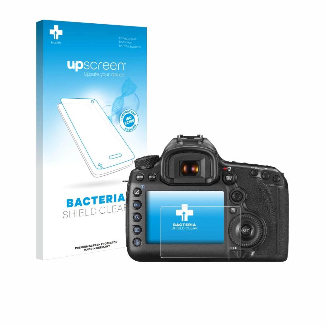 Face avant d’un emballage produit avec le logo de la marque upscreen. À côté, l’appareil Canon EOS 5DS R est représenté avec l